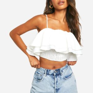 Womens Puffball Cold Shoulder Crop Top - White - 6, White