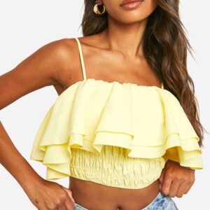 Womens Puffball Cold Shoulder Crop Top - Yellow - 6, Yellow