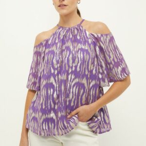 Womens Purple Metallic Chiffon Cold Shoulder Top