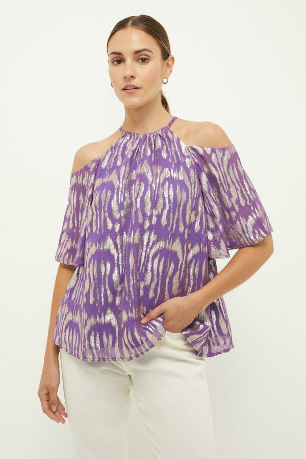 Womens Purple Metallic Chiffon Cold Shoulder Top