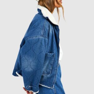 Womens Quilted Borg Lined Denim Jacket - Blue - 6, Blue