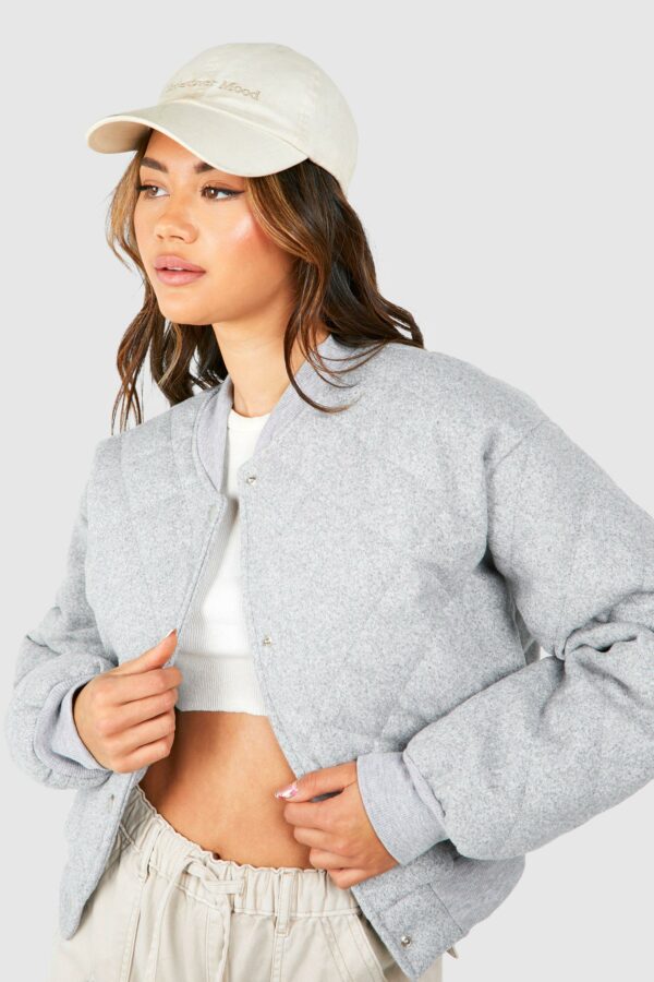 Womens Quilted Wool Look Bomber Jacket - Grey - 10, Grey