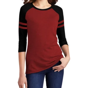 Womens Raglan Maroon and Black T-Shirt with 2 Stripe Quarter Sleeves