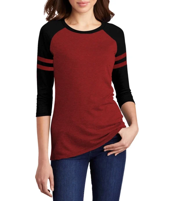 Womens Raglan Maroon and Black T-Shirt with 2 Stripe Quarter Sleeves