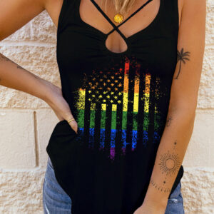 Women's Rainbow American Flag Tank Tops for Women Sleeveless Lace Up T-Shirt