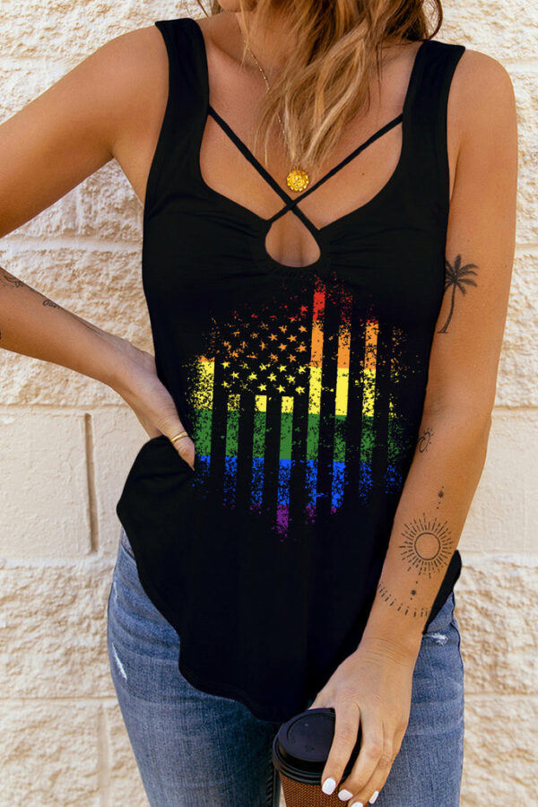 Women's Rainbow American Flag Tank Tops for Women Sleeveless Lace Up T-Shirt