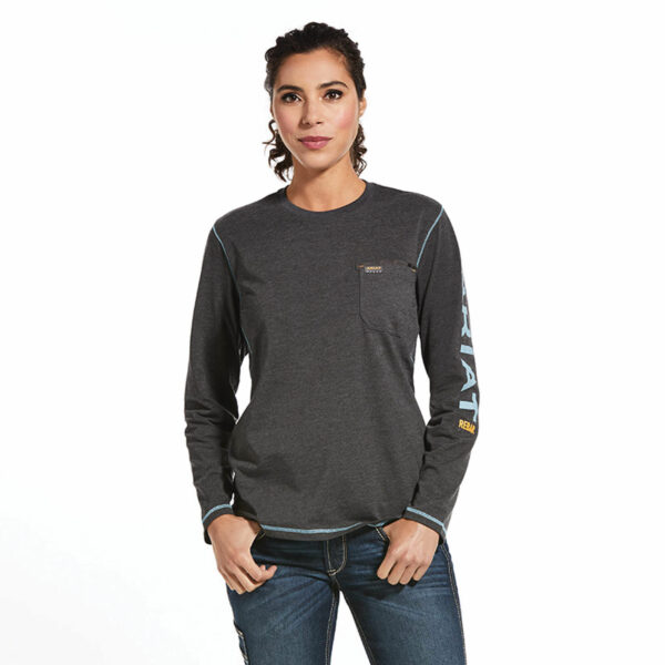 Women's Rebar Workman Logo T-Shirt Long Sleeve in Charcoal Heather Cotton, Size X-Small, by Ariat