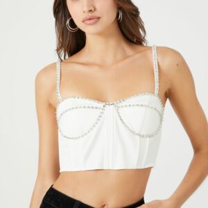 Women's Rhinestone Bustier Cropped Cami in White/Silver Small