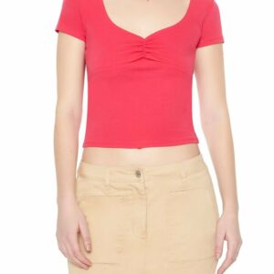 Women's Ribbed Knit Short-Sleeve T-Shirt in Hot Pink Medium