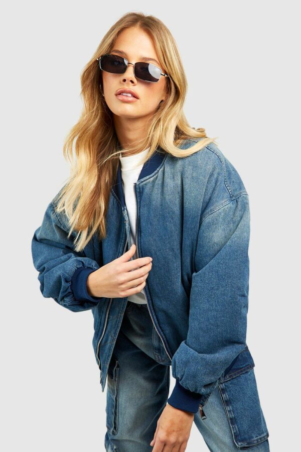 Womens Ruched Sleeve Oversized Denim Bomber Jacket - Blue - 6, Blue