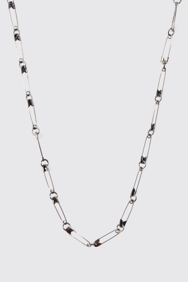 Womens Safety Pin Chain Necklace In Gunmetal - Metallics - One Size, Metallics