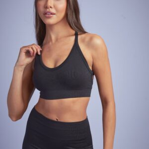 Womens Seamless Rib Plunge Cross Back Sports Bra - Black - S