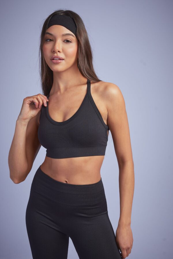 Womens Seamless Rib Plunge Cross Back Sports Bra - Black - S