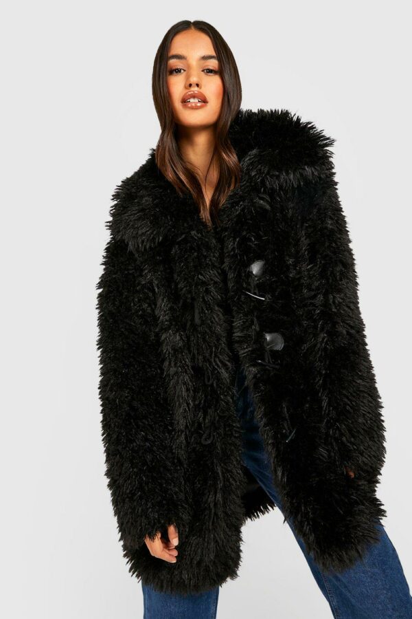 Womens Shaggy Teddy Fur Duffle Coat - Black - 8, Black