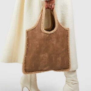 Womens Shearling Edge Tote Bag - Brown - One Size, Brown