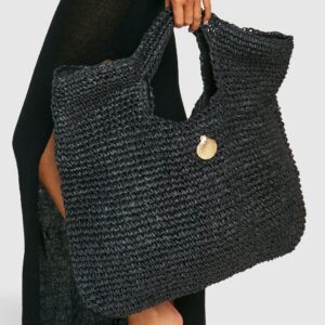 Womens Shell Trim Oversized Straw Beach Bag - Black - One Size, Black