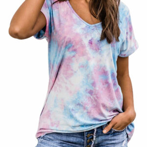 Women's Short Sleeve Tie Dye Print V Neck T-Shirt