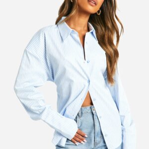 Womens Shoulder Pad Cinched Waist Striped Shirt - Blue - 8