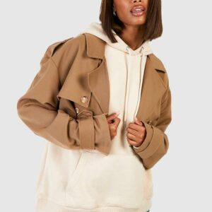 Womens Shoulder Pad Crop Trench Coat - Beige - 8, Beige