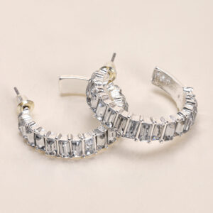 Womens Silver Diamante Baguette Hoop Earrings