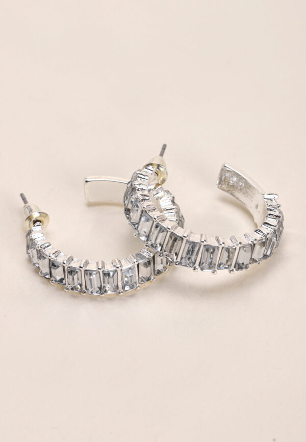 Womens Silver Diamante Baguette Hoop Earrings