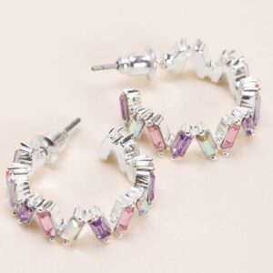 Womens Silver Pastel Stone Hoop Earrings