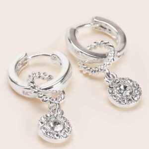 Womens Silver Stone Drop Diamanté Hoop Earrings