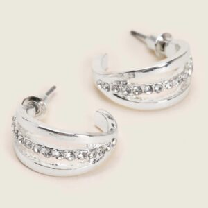 Womens Silver Triple Hoop Diamante Earrings