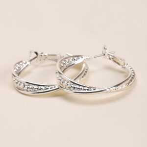 Womens Silver Twist Textured Hoop Earrings