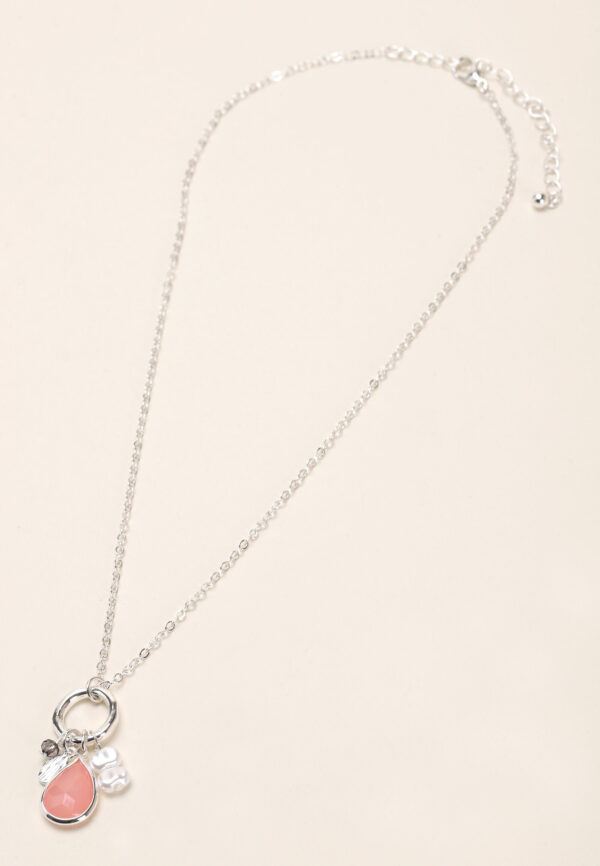 Womens Silver & Pink Long Charm Necklace