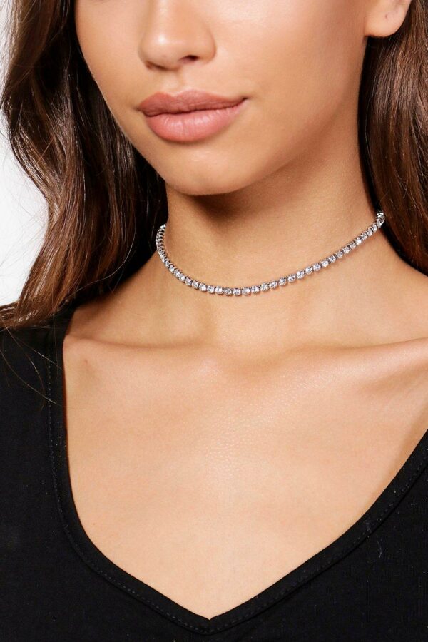 Womens Skinny Diamante Choker Necklace - Grey - One Size, Grey