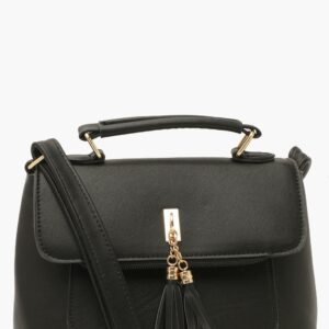 Womens Smooth Pu Tassel Detail Crossbody Bag - Black - One Size, Black