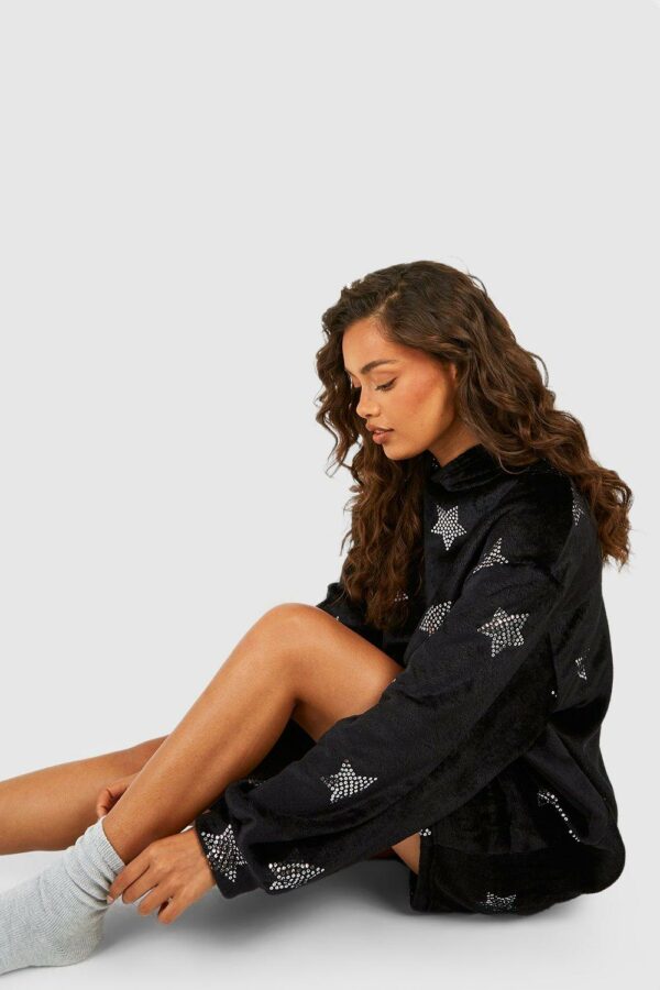 Womens Star Detail Fleece Loungewear Oversized Blanket Hoodie - Black - 10, Black