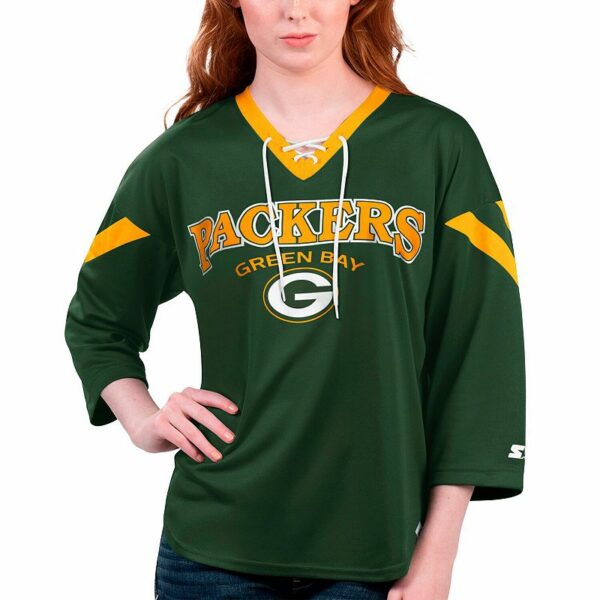 Women's Starter Green Green Bay Packers Rally Lace-Up 3/4 Sleeve T-Shirt, Size: Medium