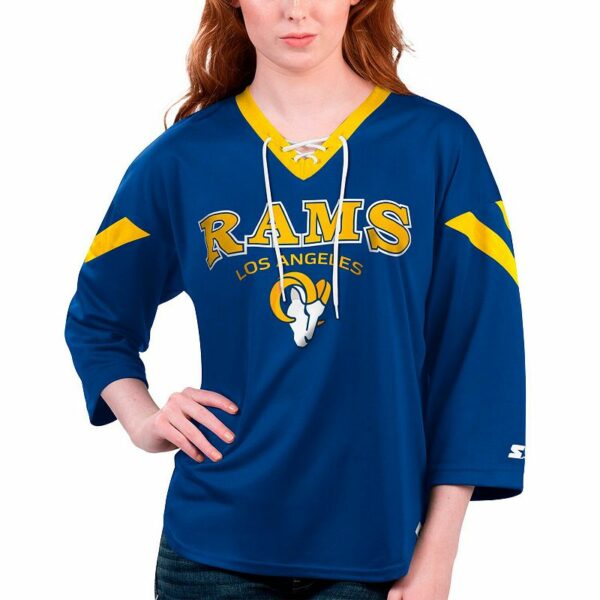 Women's Starter Royal Los Angeles Rams Rally Lace-Up 3/4 Sleeve T-Shirt, Size: Small, Blue