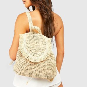 Womens Straw Fringe Backpack Bag - Beige - One Size, Beige