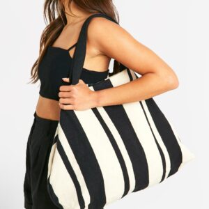 Womens Stripe Canvas Beach Tote Bag - Black - One Size, Black