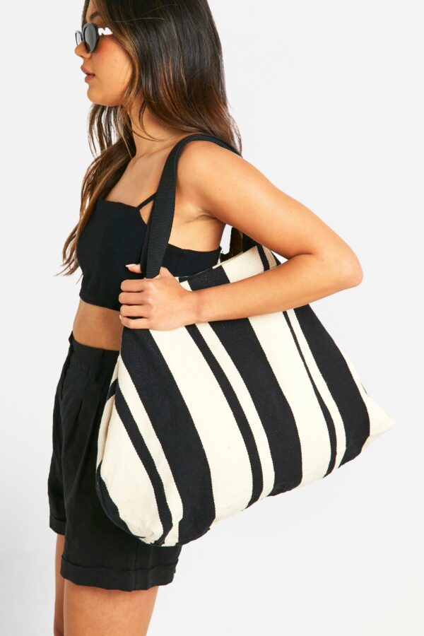 Womens Stripe Canvas Beach Tote Bag - Black - One Size, Black