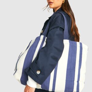 Womens Stripe Canvas Oversized Tote Bag - Navy - One Size, Navy