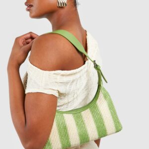 Womens Stripe Raffia Shoulder Bag - Green - One Size, Green