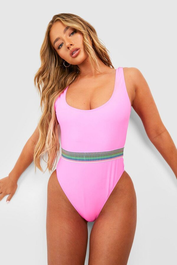 Womens Stripe Tape Trim Scoop Swimsuit - Pink - 16, Pink