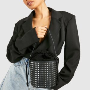 Womens Studded Bucket Crossbody Bag - Black - One Size, Black