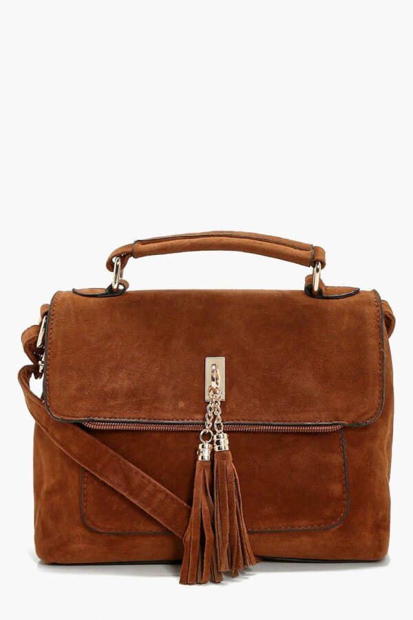 Womens Suedette Tassel Crossbody Bag - Brown - One Size, Brown