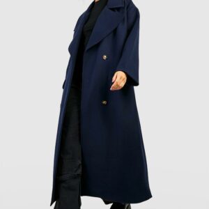 Womens Super Oversized Maxi Double Breasted Wool Look Coat - Navy - 8, Navy