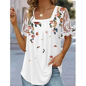 Women's T shirt Tee Mesh Patchwork Top Lace T-shirt Floral Lace Print Holiday Weekend Basic Short Sleeve Square Neck White