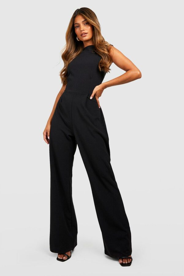 Womens Tailored High Neck Cinched Waist Wide Leg Jumpsuit - Black - 16, Black