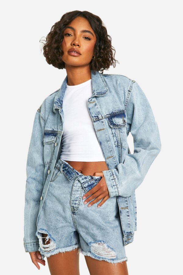 Womens Tall Acid Wash Oversized Denim Jacket - Blue - 14, Blue