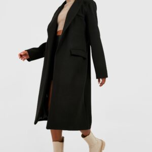 Womens Tall Double Breasted Pocket Wool Look Coat - Black - 8, Black