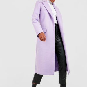 Womens Tall Double Breasted Pocket Wool Look Coat - Purple - 10, Purple