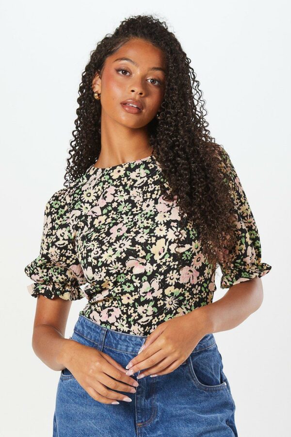 Womens Tall Floral Puff Shoulder Short Sleeve Top